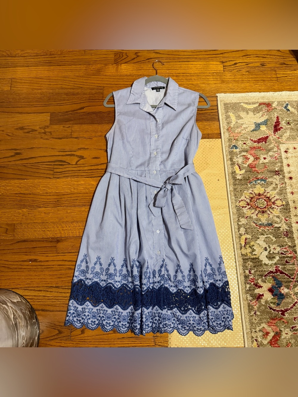 Sleeveless Light Blue Shirt Dress with Navy Embroidered Hem - 8P